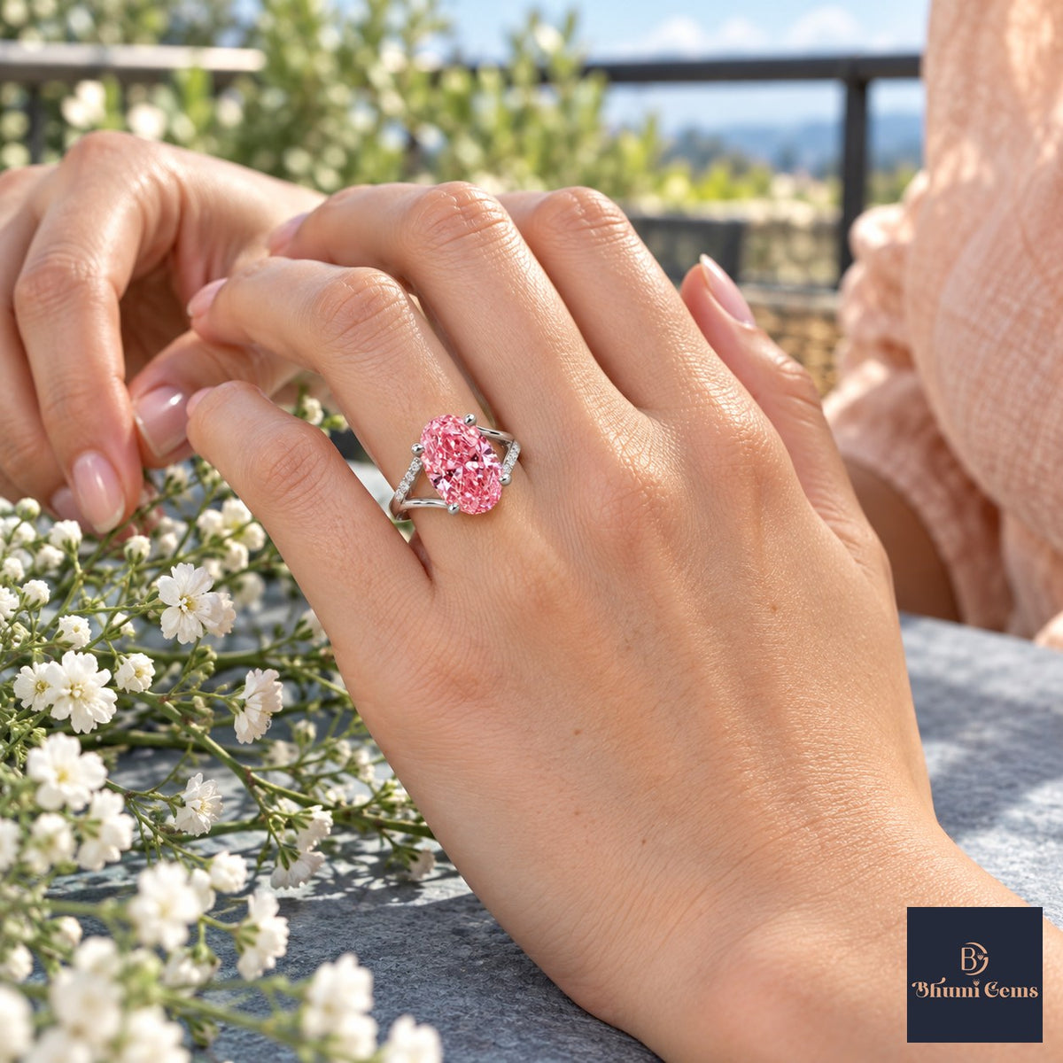 Pink Oval Cut Lab Grown Diamond Engagement Ring - Split Pave Shoulders in white gold, worn on the hand