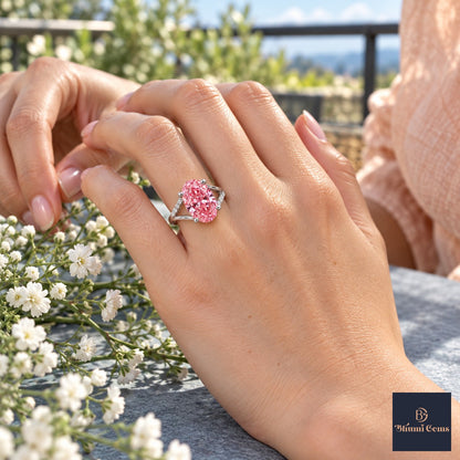 Pink Oval Cut Lab Grown Diamond Engagement Ring - Split Pave Shoulders in white gold, worn on the hand