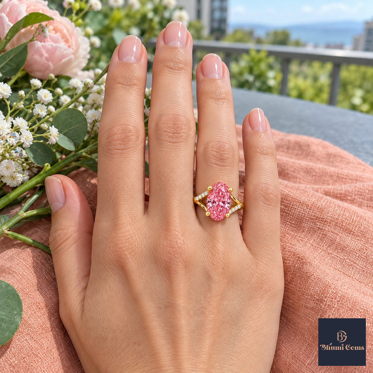 Pink Oval Cut Lab Grown Diamond Engagement Ring - Split Pave Shoulders in yellow gold, worn on the hand
