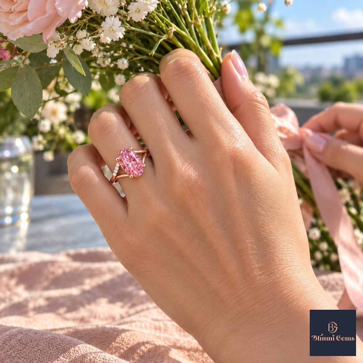 Pink Oval Cut Lab Grown Diamond Engagement Ring - Split Pave Shoulders in rose gold, worn on the hand