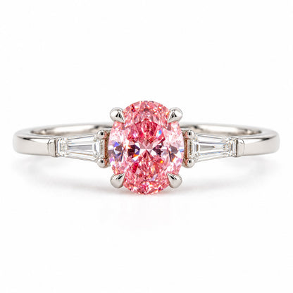 Pink Oval Cut Lab Grown Diamond Engagement Ring - Tapered Baguettes in white gold, front view