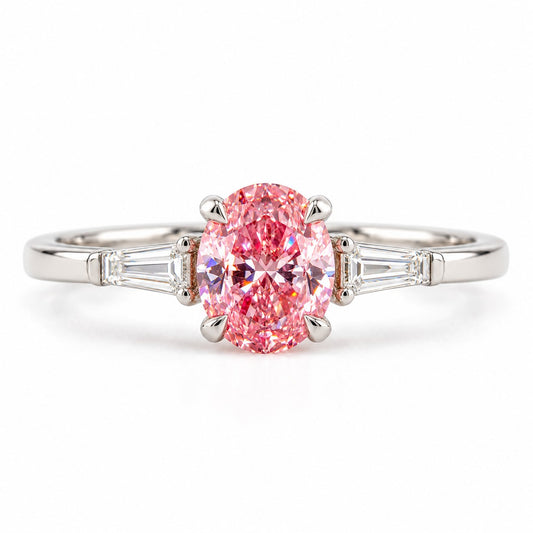 Pink Oval Cut Lab Grown Diamond Engagement Ring - Tapered Baguettes in white gold, front view
