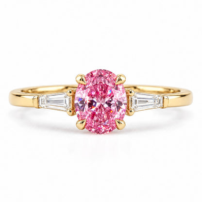 Pink Oval Cut Lab Grown Diamond Engagement Ring - Tapered Baguettes in yellow gold, front view