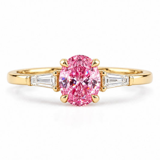 Pink Oval Cut Lab Grown Diamond Engagement Ring - Tapered Baguettes in yellow gold, front view