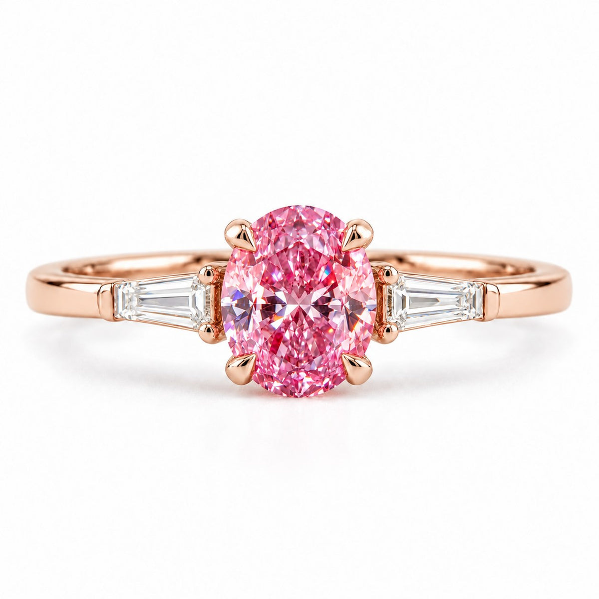 Pink Oval Cut Lab Grown Diamond Engagement Ring - Tapered Baguettes in rose gold, front view