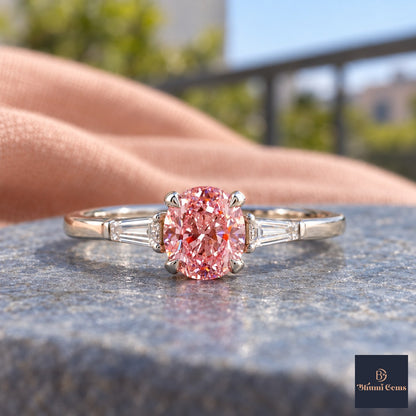 Pink Oval Cut Lab Grown Diamond Engagement Ring - Tapered Baguettes in white gold, close-up
