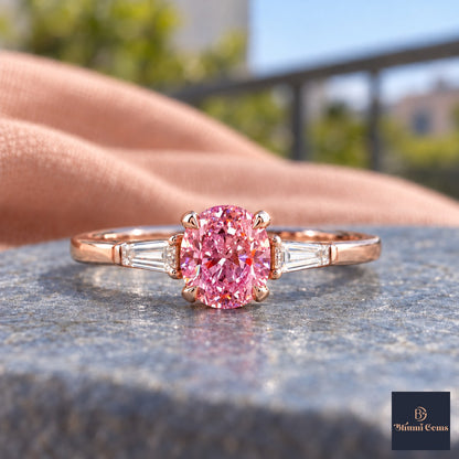 Pink Oval Cut Lab Grown Diamond Engagement Ring - Tapered Baguettes in rose gold, close-up
