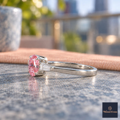 Pink Oval Cut Lab Grown Diamond Engagement Ring - Tapered Baguettes in white gold, side view
