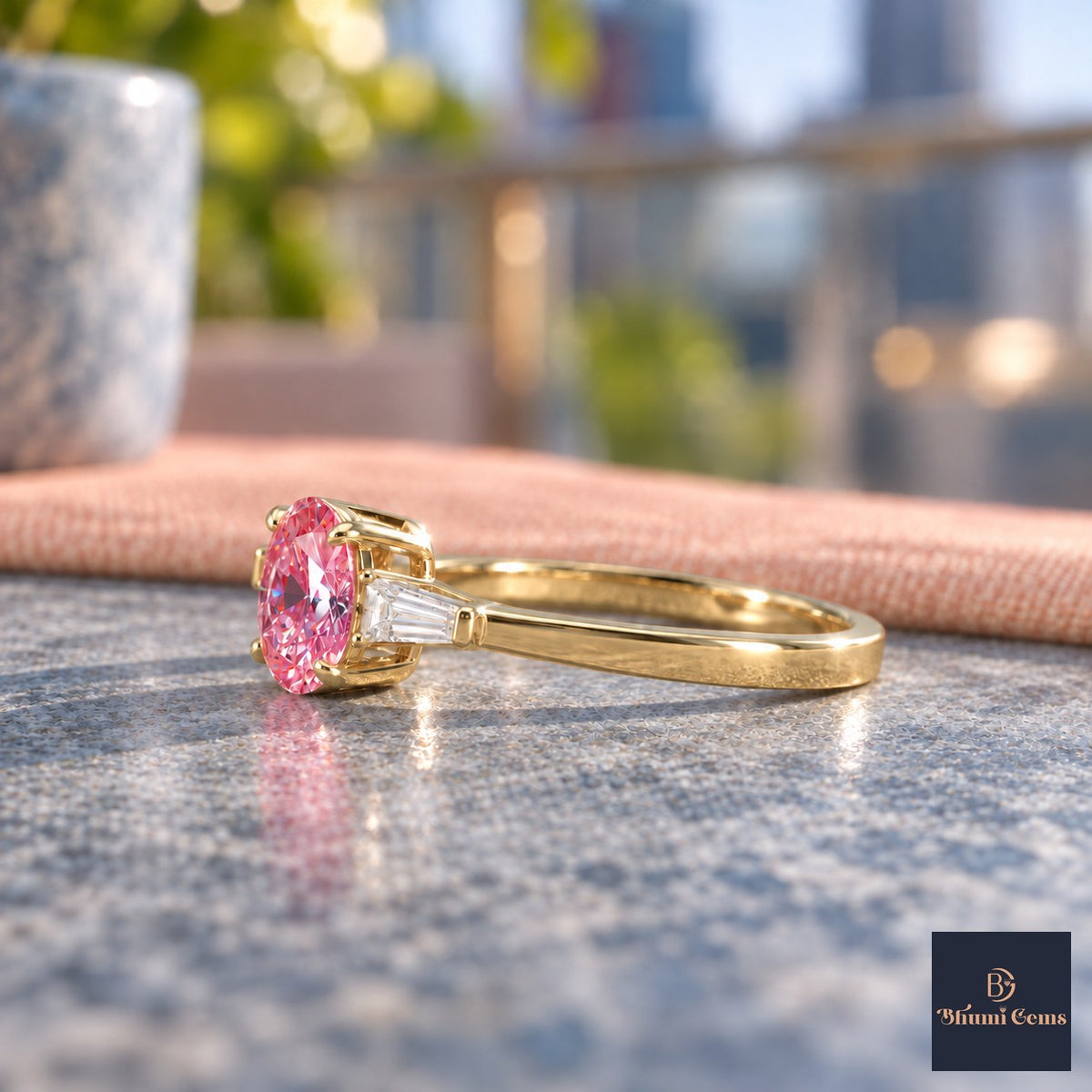 Pink Oval Cut Lab Grown Diamond Engagement Ring - Tapered Baguettes in yellow gold, side view