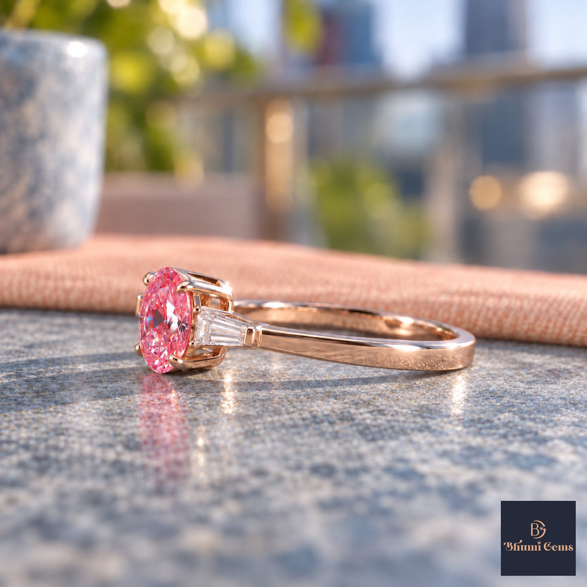 Pink Oval Cut Lab Grown Diamond Engagement Ring - Tapered Baguettes in rose gold, side view