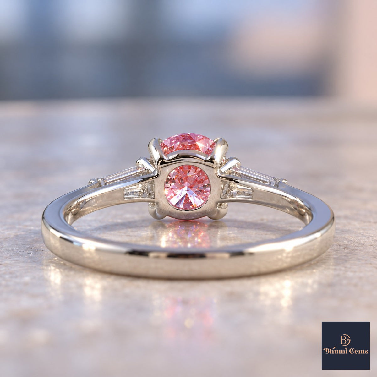 Pink Oval Cut Lab Grown Diamond Engagement Ring - Tapered Baguettes in white gold, gallery view