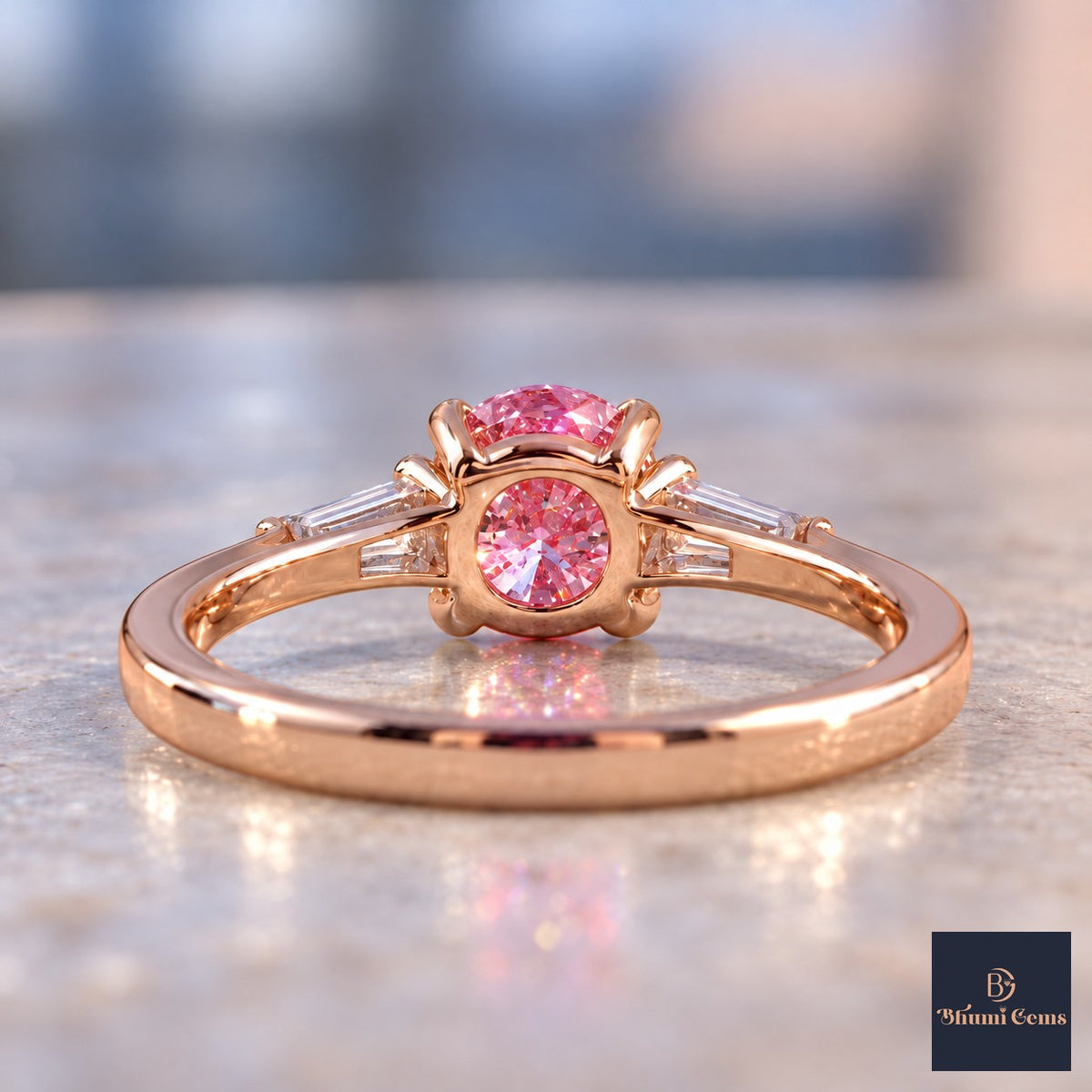 Pink Oval Cut Lab Grown Diamond Engagement Ring - Tapered Baguettes in rose gold, gallery view