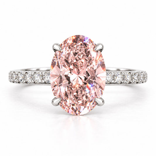 Pink Oval Cut Lab Grown Diamond Engagement Ring - Thin Pave Band in white gold, front view