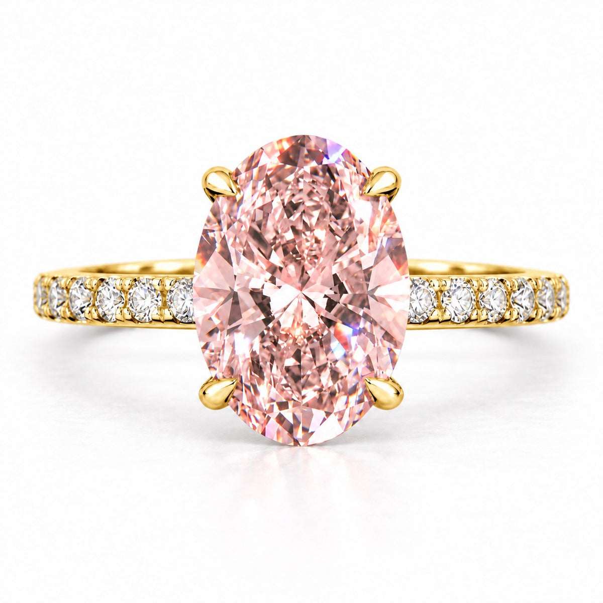 Pink Oval Cut Lab Grown Diamond Engagement Ring - Thin Pave Band in yellow gold, front view