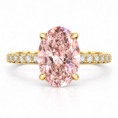 Pink Oval Cut Lab Grown Diamond Engagement Ring - Thin Pave Band in yellow gold, front view