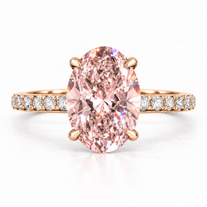 Pink Oval Cut Lab Grown Diamond Engagement Ring - Thin Pave Band in rose gold, front view