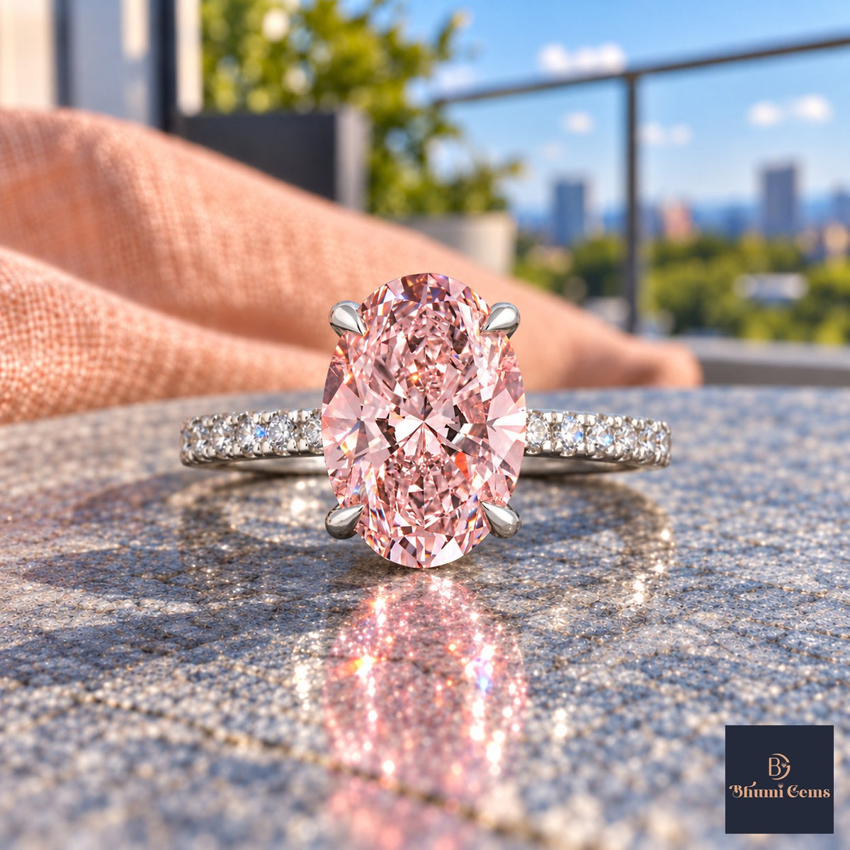 Pink Oval Cut Lab Grown Diamond Engagement Ring - Thin Pave Band in white gold, close-up