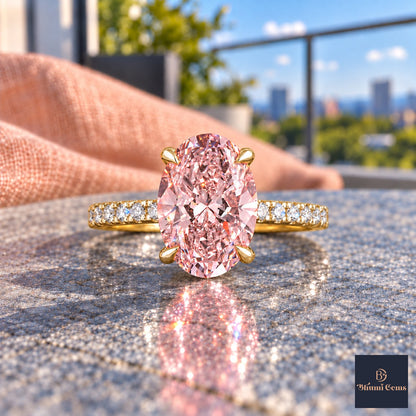 Pink Oval Cut Lab Grown Diamond Engagement Ring - Thin Pave Band in yellow gold, close-up