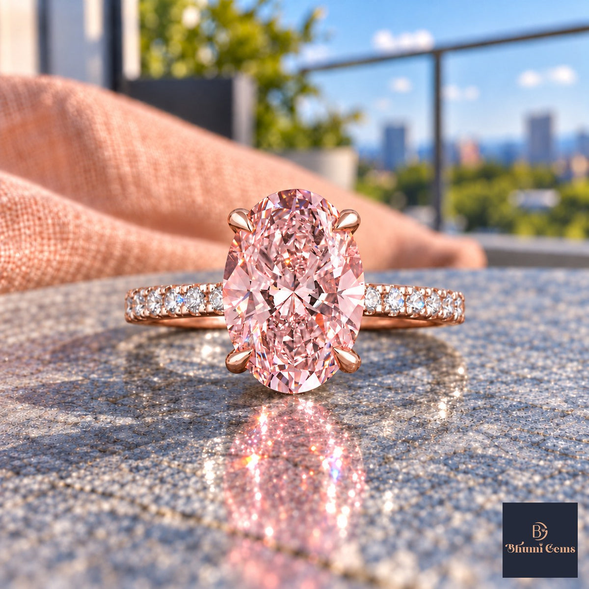 Pink Oval Cut Lab Grown Diamond Engagement Ring - Thin Pave Band in rose gold, close-up