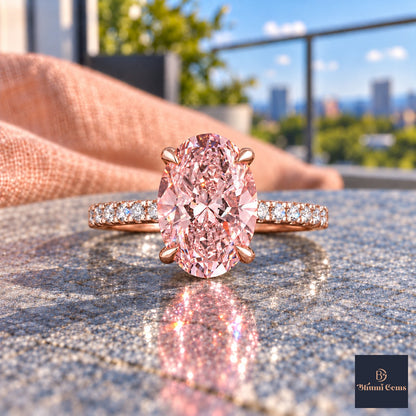 Pink Oval Cut Lab Grown Diamond Engagement Ring - Thin Pave Band in rose gold, close-up