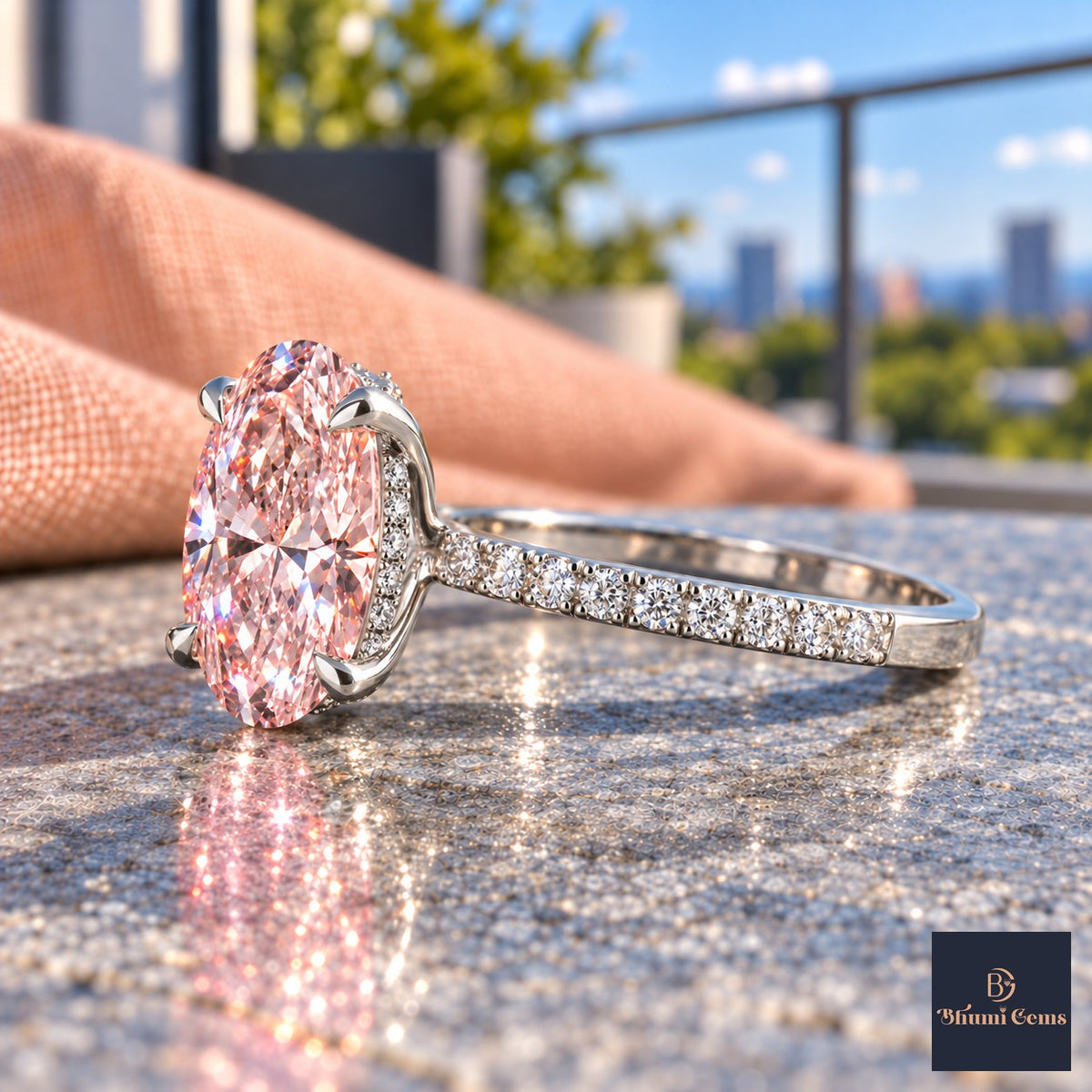 Pink Oval Cut Lab Grown Diamond Engagement Ring - Thin Pave Band in white gold, side view
