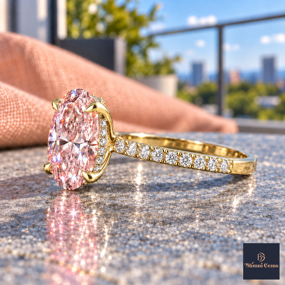 Pink Oval Cut Lab Grown Diamond Engagement Ring - Thin Pave Band in yellow gold, side view