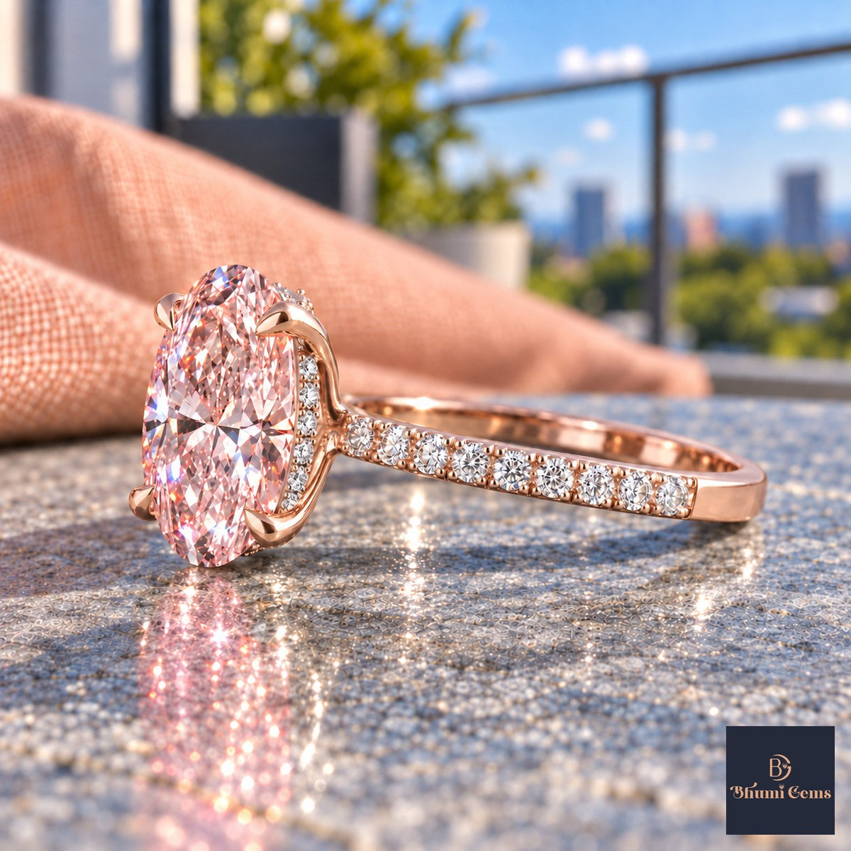 Pink Oval Cut Lab Grown Diamond Engagement Ring - Thin Pave Band in rose gold, side view