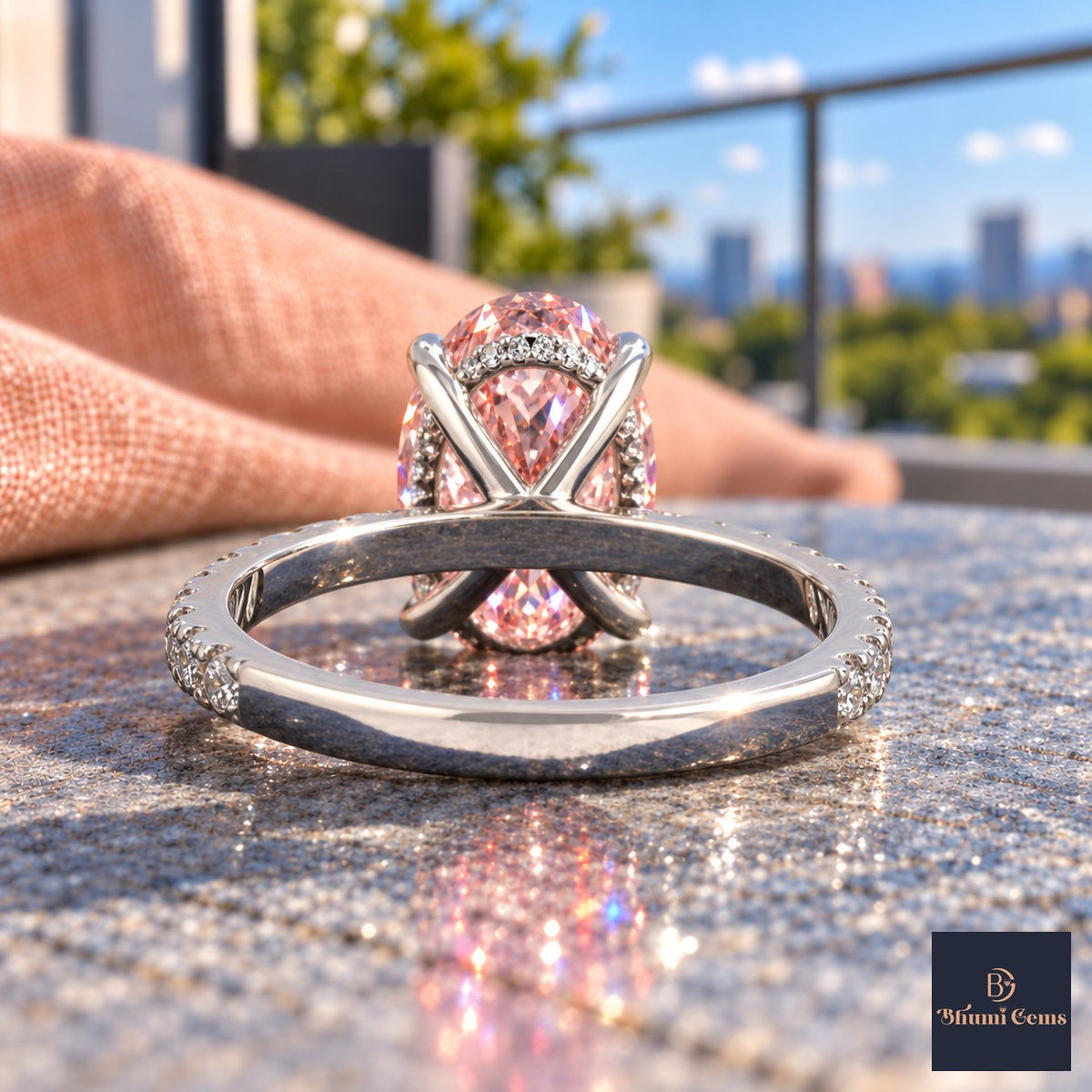 Pink Oval Cut Lab Grown Diamond Engagement Ring - Thin Pave Band in white gold, gallery view