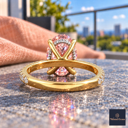 Pink Oval Cut Lab Grown Diamond Engagement Ring - Thin Pave Band in yellow gold, gallery view