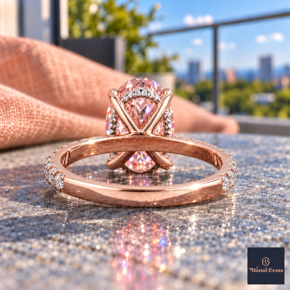 Pink Oval Cut Lab Grown Diamond Engagement Ring - Thin Pave Band in rose gold, gallery view