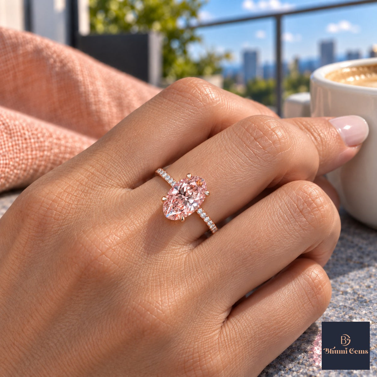 Pink Oval Cut Lab Grown Diamond Engagement Ring - Thin Pave Band in rose gold, on the hand