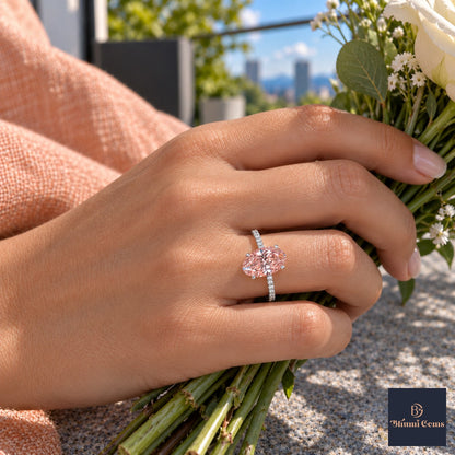 Pink Oval Cut Lab Grown Diamond Engagement Ring - Thin Pave Band in white gold, worn on the hand