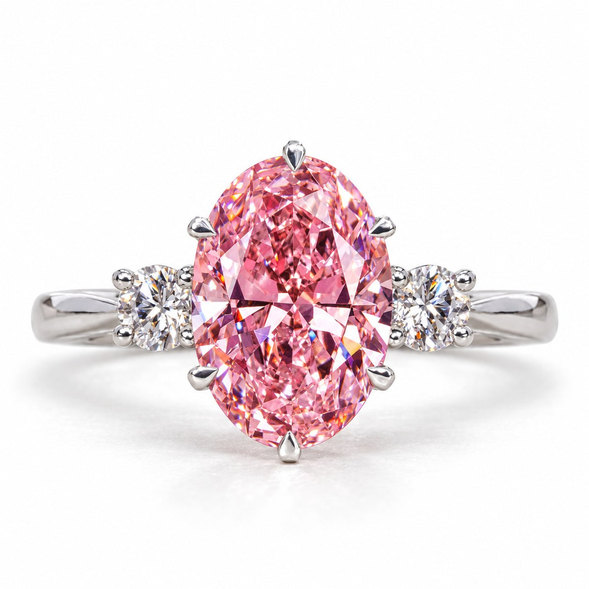 Pink Oval Cut Lab Grown Diamond Engagement Ring - Three Stone in white gold, front view