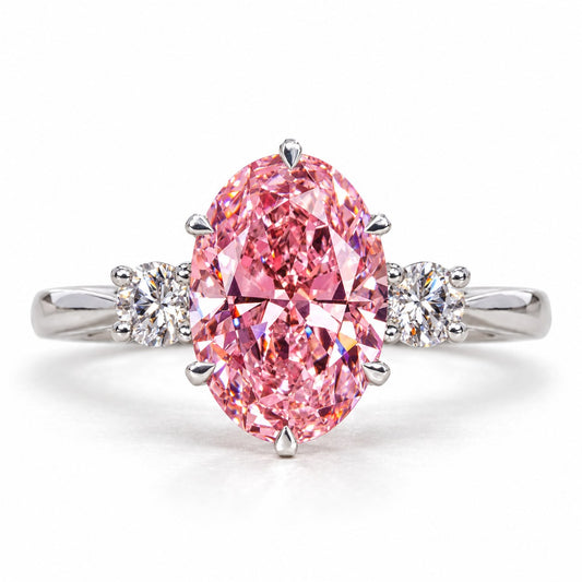 Pink Oval Cut Lab Grown Diamond Engagement Ring - Three Stone in white gold, front view