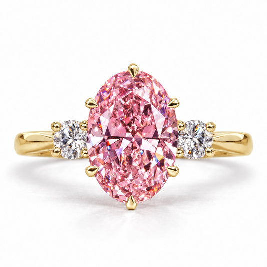 Pink Oval Cut Lab Grown Diamond Engagement Ring - Three Stone in yellow gold, front view