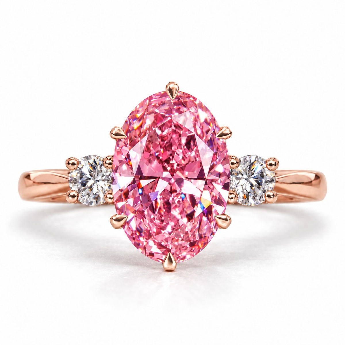 Pink Oval Cut Lab Grown Diamond Engagement Ring - Three Stone in rose gold, front view
