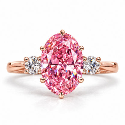 Pink Oval Cut Lab Grown Diamond Engagement Ring - Three Stone in rose gold, front view
