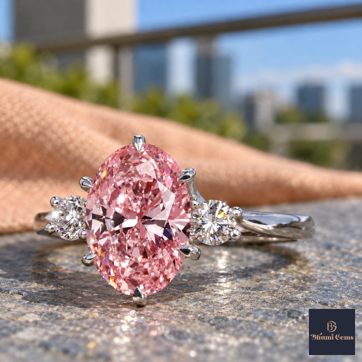 Pink Oval Cut Lab Grown Diamond Engagement Ring - Three Stone in white gold, close-up