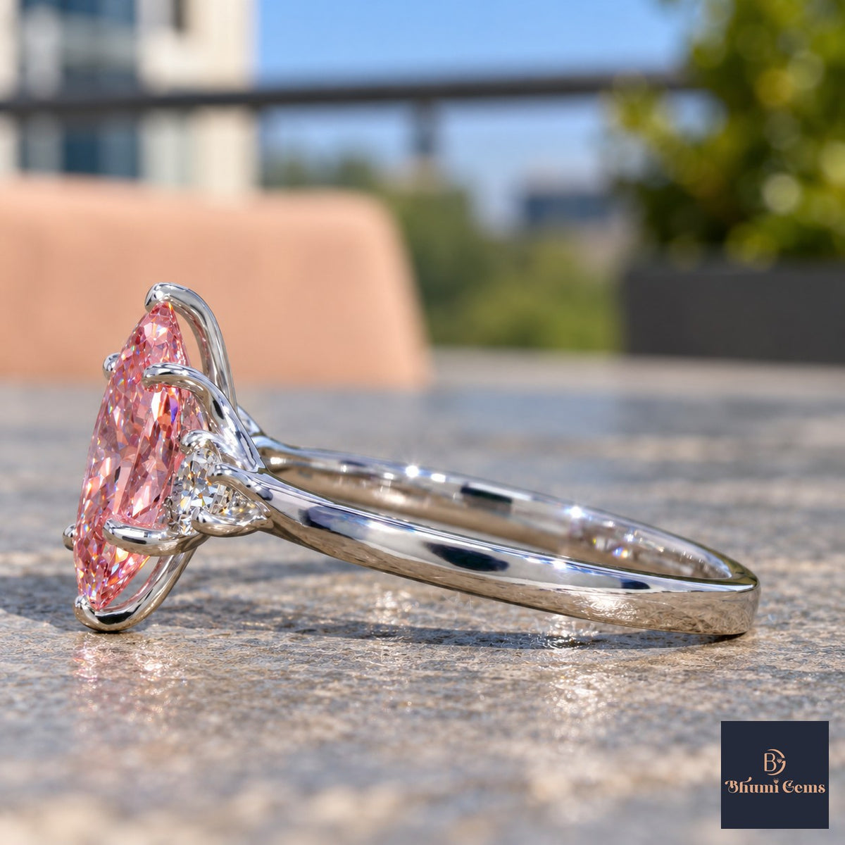Pink Oval Cut Lab Grown Diamond Engagement Ring - Three Stone in white gold, side view