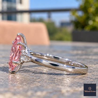 Pink Oval Cut Lab Grown Diamond Engagement Ring - Three Stone in white gold, side view
