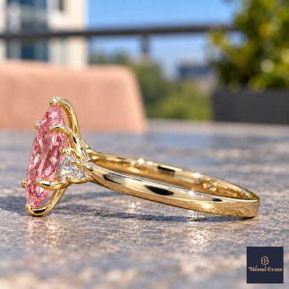 Pink Oval Cut Lab Grown Diamond Engagement Ring - Three Stone in yellow gold, side view