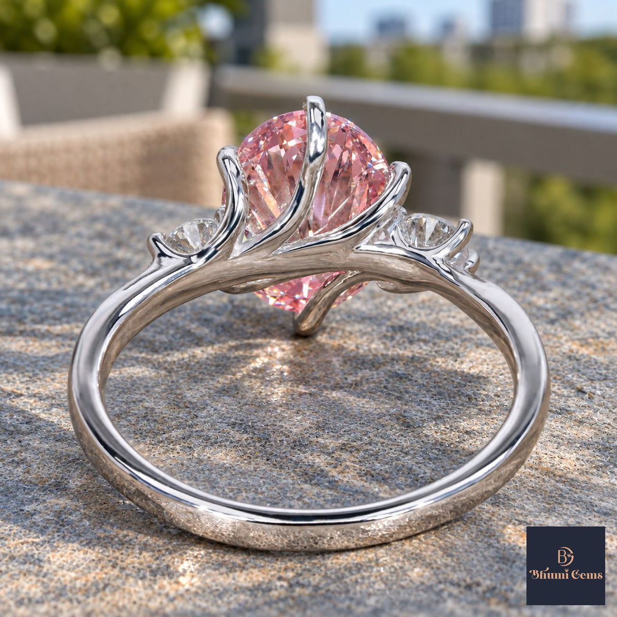 Pink Oval Cut Lab Grown Diamond Engagement Ring - Three Stone in white gold, gallery view