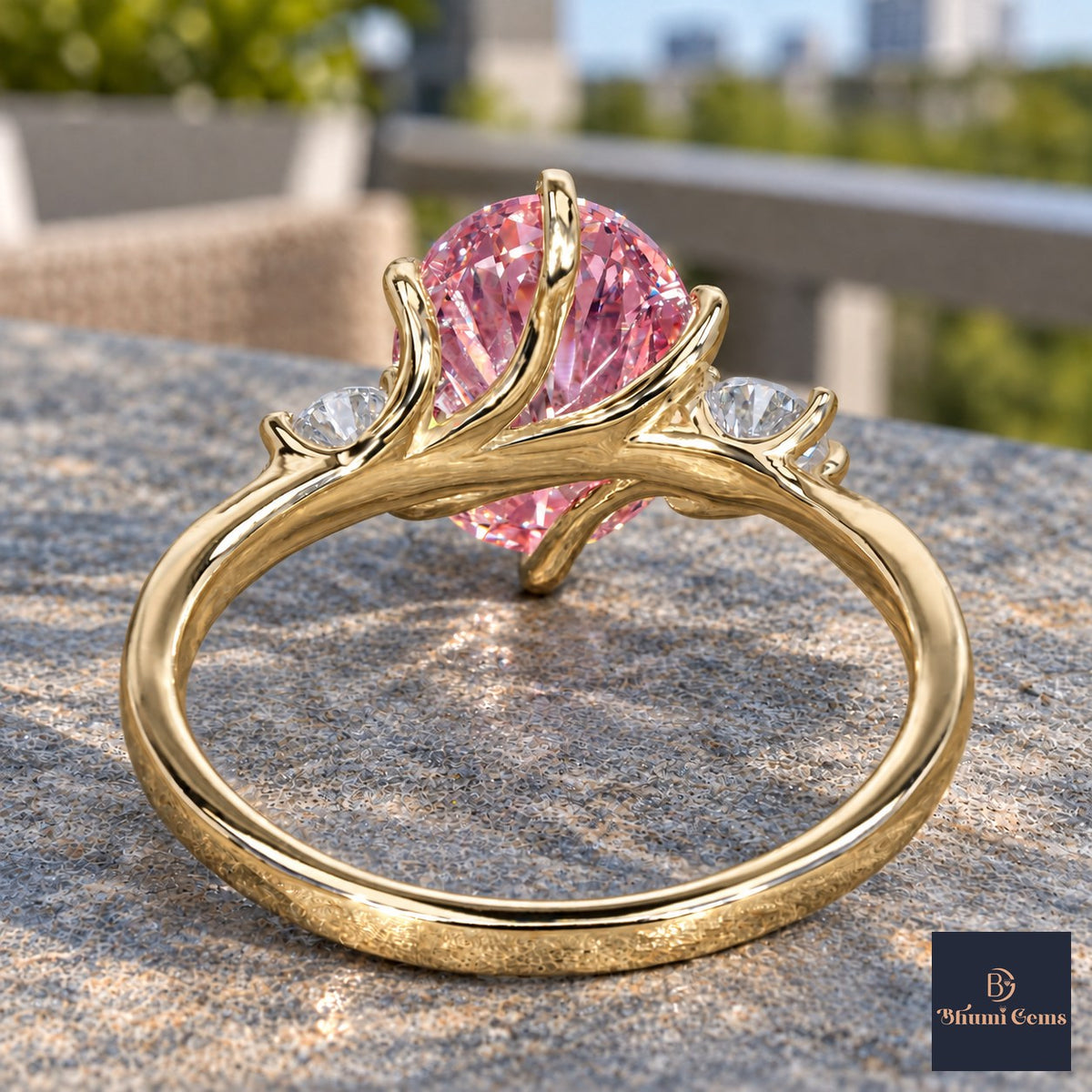 Pink Oval Cut Lab Grown Diamond Engagement Ring - Three Stone in yellow gold, gallery view