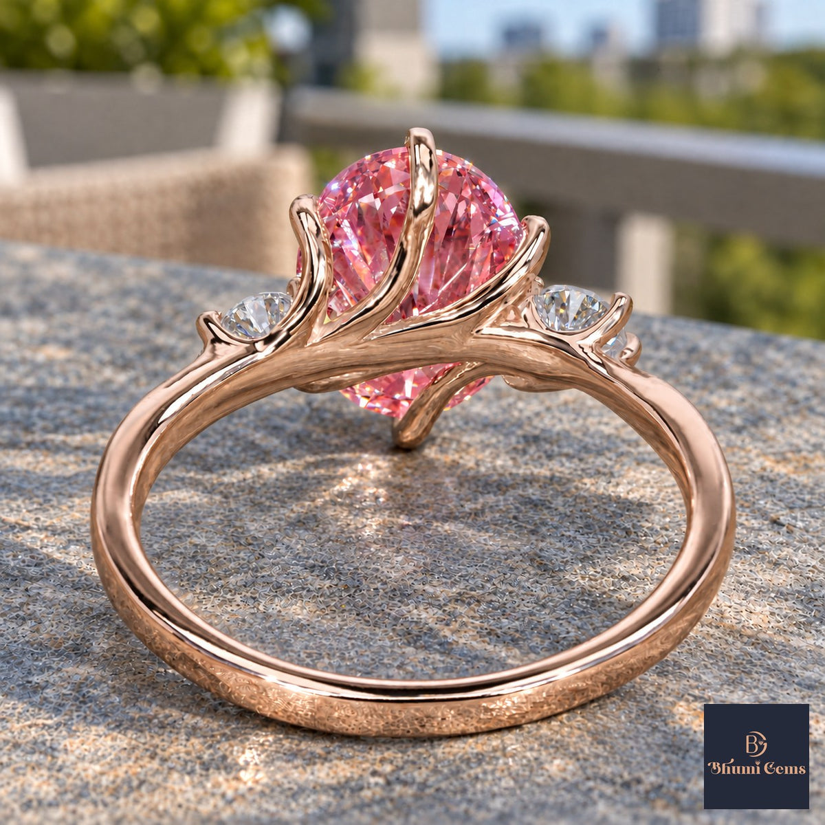 Pink Oval Cut Lab Grown Diamond Engagement Ring - Three Stone in rose gold, gallery view