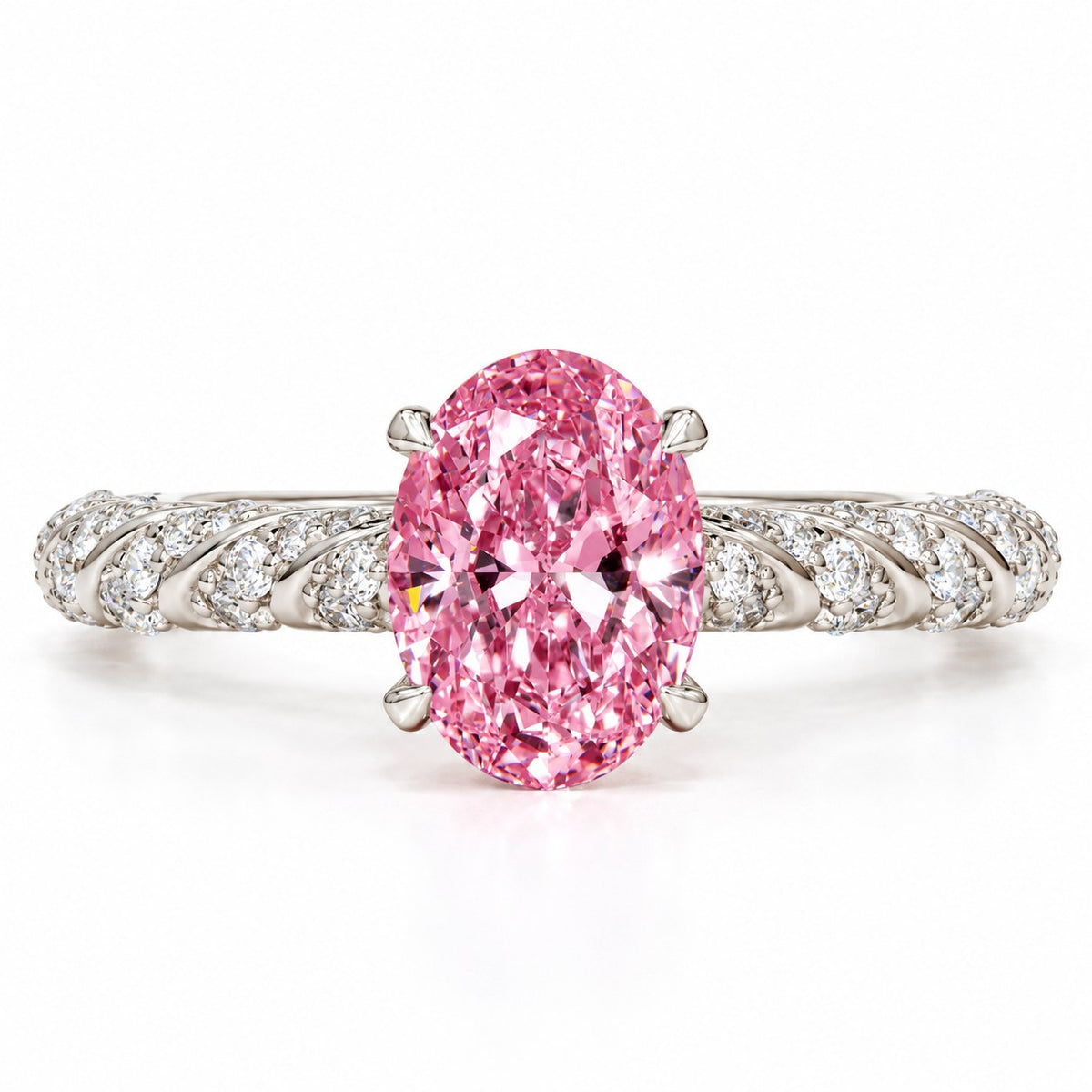 Pink Oval Cut Lab Grown Diamond Engagement Ring - Twisted Rope Band in white gold, front view