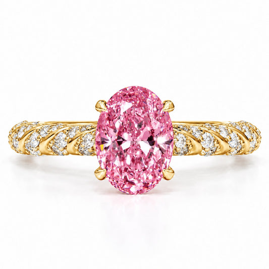 Pink Oval Cut Lab Grown Diamond Engagement Ring - Twisted Rope Band in yellow gold, front view