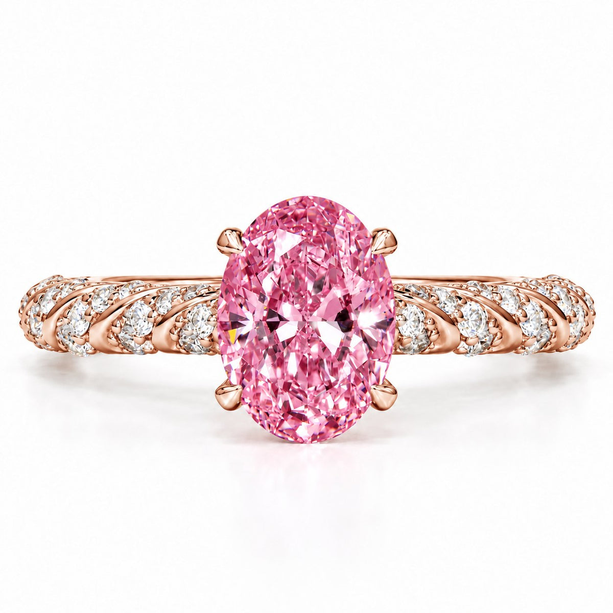Pink Oval Cut Lab Grown Diamond Engagement Ring - Twisted Rope Band in rose gold, front view