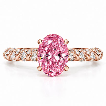 Pink Oval Cut Lab Grown Diamond Engagement Ring - Twisted Rope Band in rose gold, front view