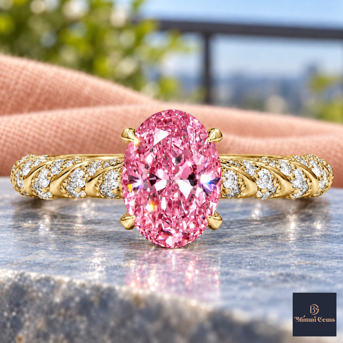 Pink Oval Cut Lab Grown Diamond Engagement Ring - Twisted Rope Band in yellow gold, close-up