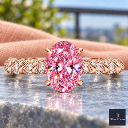Pink Oval Cut Lab Grown Diamond Engagement Ring - Twisted Rope Band in rose gold, close-up